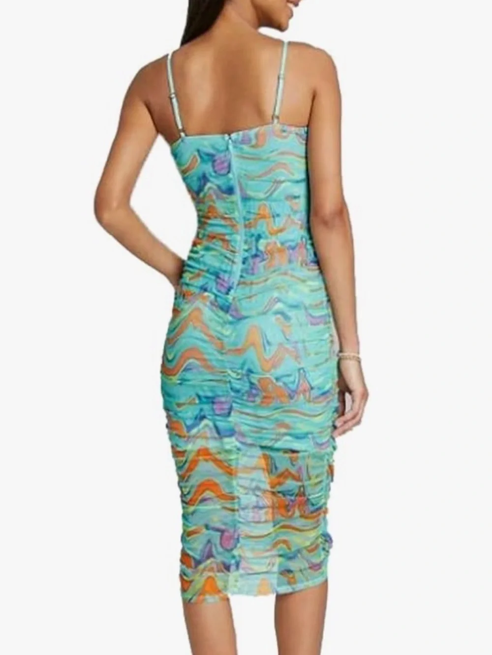 Aqua Multicolor Swirl Midi Dress Y2K Ruched - Picture 2 of 7